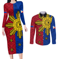 Philippines Sun Batok Tattoo Couples Matching Long Sleeve Bodycon Dress and Long Sleeve Button Shirt Polynesian and Yakan Pattern