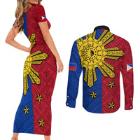 Philippines Sun Batok Tattoo Couples Matching Short Sleeve Bodycon Dress and Long Sleeve Button Shirt Polynesian and Yakan Pattern