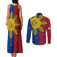 Philippines Sun Batok Tattoo Couples Matching Tank Maxi Dress and Long Sleeve Button Shirt Polynesian and Yakan Pattern