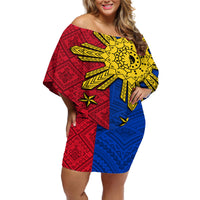 Philippines Sun Batok Tattoo Off Shoulder Short Dress Polynesian and Yakan Pattern LT03 Women Red - Polynesian Pride
