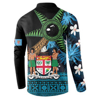 Fiji Day Button Sweatshirt Palm Tree With Plumeria Tapa Tribal Pattern