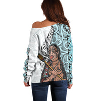 Maori Warrior Off Shoulder Sweater Silver Fern New Zealand Map With Kowhaiwhai Pattern LT03 - Polynesian Pride