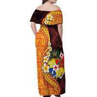 Tonga Culture Off Shoulder Maxi Dress Ngatu Pattern with Plumeria and Hibiscus LT03 - Polynesian Pride
