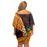 Tonga Culture Off Shoulder Short Dress Ngatu Pattern with Plumeria and Hibiscus LT03 - Polynesian Pride