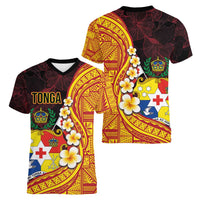 Tonga Culture Women V-Neck T-Shirt Ngatu Pattern with Plumeria and Hibiscus LT03 - Polynesian Pride