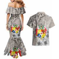 Tonga Culture Couples Matching Mermaid Dress and Hawaiian Shirt Ngatu Pattern and Blooming Hibiscus