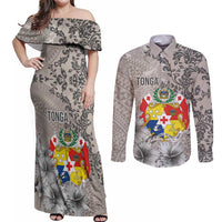 Tonga Culture Couples Matching Off Shoulder Maxi Dress and Long Sleeve Button Shirt Ngatu Pattern and Blooming Hibiscus LT03 Light Gray - Polynesian Pride