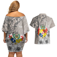 Tonga Culture Couples Matching Off Shoulder Short Dress and Hawaiian Shirt Ngatu Pattern and Blooming Hibiscus LT03 - Polynesian Pride