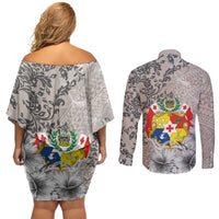 Tonga Culture Couples Matching Off Shoulder Short Dress and Long Sleeve Button Shirt Ngatu Pattern and Blooming Hibiscus LT03 - Polynesian Pride