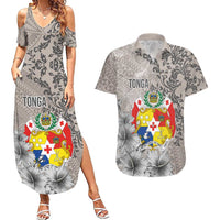 Tonga Culture Couples Matching Summer Maxi Dress and Hawaiian Shirt Ngatu Pattern and Blooming Hibiscus LT03 Light Gray - Polynesian Pride