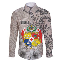 Tonga Culture Family Matching Mermaid Dress and Hawaiian Shirt Ngatu Pattern and Blooming Hibiscus LT03 Dad's Shirt - Long Sleeve Light Gray - Polynesian Pride