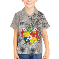 Tonga Culture Family Matching Off Shoulder Short Dress and Hawaiian Shirt Ngatu Pattern and Blooming Hibiscus LT03 Son's Shirt Light Gray - Polynesian Pride