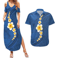 Polynesian Hibiscus and Plumeria with Tapa Pattern Couples Matching Summer Maxi Dress and Hawaiian Shirt Blue Color