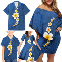 Polynesian Hibiscus and Plumeria with Tapa Pattern Family Matching Off Shoulder Short Dress and Hawaiian Shirt Blue Color