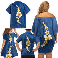 Polynesian Hibiscus and Plumeria with Tapa Pattern Family Matching Off Shoulder Short Dress and Hawaiian Shirt Blue Color