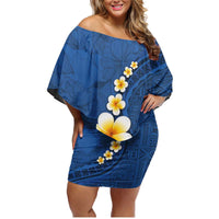 Polynesian Hibiscus and Plumeria with Tapa Pattern Family Matching Off Shoulder Short Dress and Hawaiian Shirt Blue Color