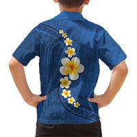 Polynesian Hibiscus and Plumeria with Tapa Pattern Kid Hawaiian Shirt Blue Color