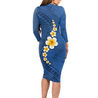 Polynesian Hibiscus and Plumeria with Tapa Pattern Long Sleeve Bodycon Dress Blue Color