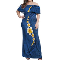 Polynesian Hibiscus and Plumeria with Tapa Pattern Off Shoulder Maxi Dress Blue Color