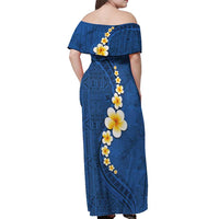 Polynesian Hibiscus and Plumeria with Tapa Pattern Off Shoulder Maxi Dress Blue Color