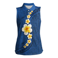 Polynesian Hibiscus and Plumeria with Tapa Pattern Women Sleeveless Polo Shirt Blue Color