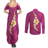 Polynesian Hibiscus and Plumeria with Tapa Pattern Couples Matching Summer Maxi Dress and Long Sleeve Button Shirt Pink Color