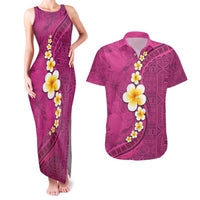 Polynesian Hibiscus and Plumeria with Tapa Pattern Couples Matching Tank Maxi Dress and Hawaiian Shirt Pink Color