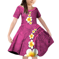 Polynesian Hibiscus and Plumeria with Tapa Pattern Family Matching Off Shoulder Short Dress and Hawaiian Shirt Pink Color