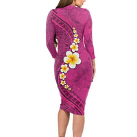 Polynesian Hibiscus and Plumeria with Tapa Pattern Long Sleeve Bodycon Dress Pink Color