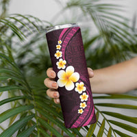 Polynesian Hibiscus and Plumeria with Tapa Pattern Skinny Tumbler Pink Color