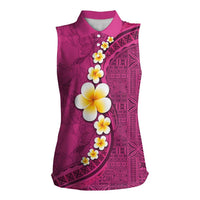 Polynesian Hibiscus and Plumeria with Tapa Pattern Women Sleeveless Polo Shirt Pink Color