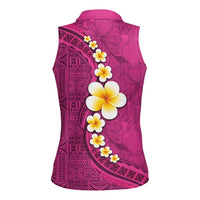 Polynesian Hibiscus and Plumeria with Tapa Pattern Women Sleeveless Polo Shirt Pink Color