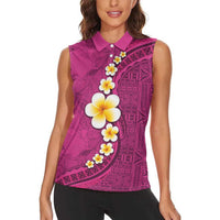 Polynesian Hibiscus and Plumeria with Tapa Pattern Women Sleeveless Polo Shirt Pink Color