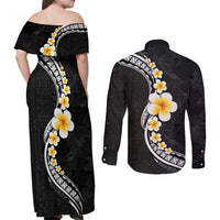 Pacific Hibiscus and Plumeria with Tapa Pattern Couples Matching Off Shoulder Maxi Dress and Long Sleeve Button Shirt Black Color LT03 - Polynesian Pride