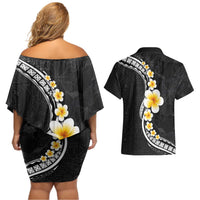 Pacific Hibiscus and Plumeria with Tapa Pattern Couples Matching Off Shoulder Short Dress and Hawaiian Shirt Black Color