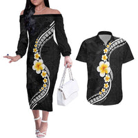 Pacific Hibiscus and Plumeria with Tapa Pattern Couples Matching Off The Shoulder Long Sleeve Dress and Hawaiian Shirt Black Color