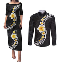 Pacific Hibiscus and Plumeria with Tapa Pattern Couples Matching Puletasi and Long Sleeve Button Shirt Black Color