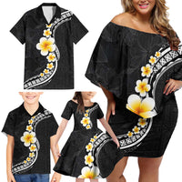 Pacific Hibiscus and Plumeria with Tapa Pattern Family Matching Off Shoulder Short Dress and Hawaiian Shirt Black Color