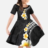 Pacific Hibiscus and Plumeria with Tapa Pattern Family Matching Tank Maxi Dress and Hawaiian Shirt Black Color LT03 Daughter's Dress Black - Polynesian Pride