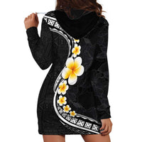 Pacific Hibiscus and Plumeria with Tapa Pattern Hoodie Dress Black Color