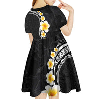 Pacific Hibiscus and Plumeria with Tapa Pattern Kid Short Sleeve Dress Black Color