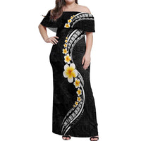 Pacific Hibiscus and Plumeria with Tapa Pattern Off Shoulder Maxi Dress Black Color LT03 Women Black - Polynesian Pride