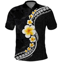 Pacific Hibiscus and Plumeria with Tapa Pattern Polo Shirt Black Color