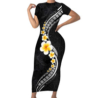 Pacific Hibiscus and Plumeria with Tapa Pattern Short Sleeve Bodycon Dress Black Color LT03 Long Dress Black - Polynesian Pride