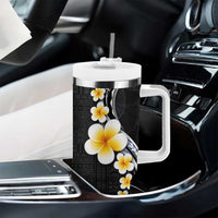 Pacific Hibiscus and Plumeria with Tapa Pattern Tumbler With Handle Black Color