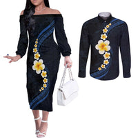 Pacific Hibiscus and Plumeria with Tapa Pattern Couples Matching Off The Shoulder Long Sleeve Dress and Long Sleeve Button Shirt Dark Blue Color