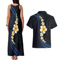 Pacific Hibiscus and Plumeria with Tapa Pattern Couples Matching Tank Maxi Dress and Hawaiian Shirt Dark Blue Color