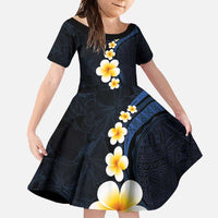Pacific Hibiscus and Plumeria with Tapa Pattern Family Matching Mermaid Dress and Hawaiian Shirt Dark Blue Color LT03 Daughter's Dress Blue - Polynesian Pride