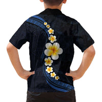 Pacific Hibiscus and Plumeria with Tapa Pattern Family Matching Off The Shoulder Long Sleeve Dress and Hawaiian Shirt Dark Blue Color LT03 - Polynesian Pride