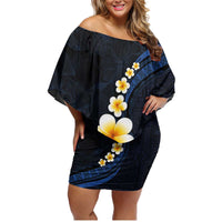 Pacific Hibiscus and Plumeria with Tapa Pattern Family Matching Off Shoulder Short Dress and Hawaiian Shirt Dark Blue Color